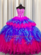 Smart Bling-bling Visible Boning Multi-color Tulle Lace Up Sweetheart Sleeveless Floor Length Sweet 16 Dress Beading and Ruffles and Ruffled Layers and Sequins