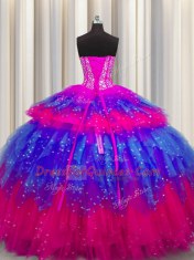 Smart Bling-bling Visible Boning Multi-color Tulle Lace Up Sweetheart Sleeveless Floor Length Sweet 16 Dress Beading and Ruffles and Ruffled Layers and Sequins