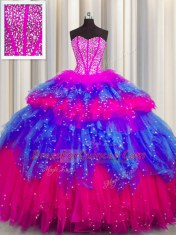Smart Bling-bling Visible Boning Multi-color Tulle Lace Up Sweetheart Sleeveless Floor Length Sweet 16 Dress Beading and Ruffles and Ruffled Layers and Sequins