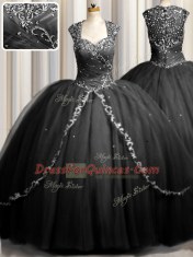Beautiful Zipple Up Black Zipper Sweet 16 Dress Beading and Appliques Cap Sleeves Brush Train