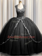 Beautiful Zipple Up Black Zipper Sweet 16 Dress Beading and Appliques Cap Sleeves Brush Train