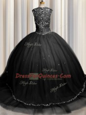 Beautiful Zipple Up Black Zipper Sweet 16 Dress Beading and Appliques Cap Sleeves Brush Train