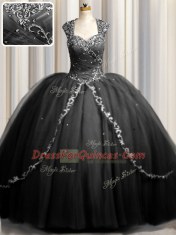 Beautiful Zipple Up Black Zipper Sweet 16 Dress Beading and Appliques Cap Sleeves Brush Train
