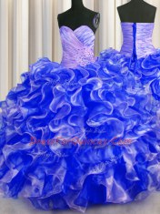 Sumptuous Royal Blue Ball Gowns Beading and Ruffles 15th Birthday Dress Lace Up Organza Sleeveless Floor Length