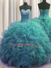 Beaded Bust Sweetheart Sleeveless Lace Up Sweet 16 Dress Turquoise Organza