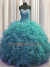Beaded Bust Sweetheart Sleeveless Lace Up Sweet 16 Dress Turquoise Organza