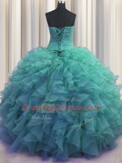 Beaded Bust Sweetheart Sleeveless Lace Up Sweet 16 Dress Turquoise Organza