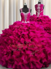 Fancy Zipple Up See Through Back Organza Straps Sleeveless Zipper Beading and Ruffles 15 Quinceanera Dress in Fuchsia