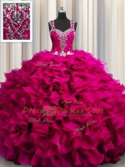 Fancy Zipple Up See Through Back Organza Straps Sleeveless Zipper Beading and Ruffles 15 Quinceanera Dress in Fuchsia