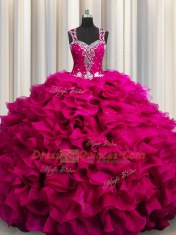 Fancy Zipple Up See Through Back Organza Straps Sleeveless Zipper Beading and Ruffles 15 Quinceanera Dress in Fuchsia