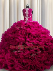 Fancy Zipple Up See Through Back Organza Straps Sleeveless Zipper Beading and Ruffles 15 Quinceanera Dress in Fuchsia