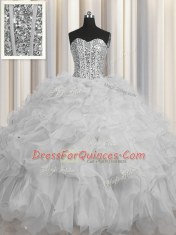 Luxury Visible Boning Floor Length Grey Sweet 16 Dresses Tulle Sleeveless Beading and Ruffles and Sequins