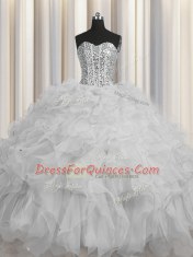 Luxury Visible Boning Floor Length Grey Sweet 16 Dresses Tulle Sleeveless Beading and Ruffles and Sequins