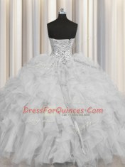Luxury Visible Boning Floor Length Grey Sweet 16 Dresses Tulle Sleeveless Beading and Ruffles and Sequins