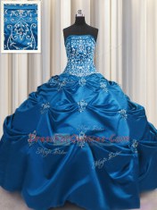 Customized Embroidery Teal Sleeveless Taffeta Lace Up Ball Gown Prom Dress for Military Ball and Sweet 16 and Quinceanera