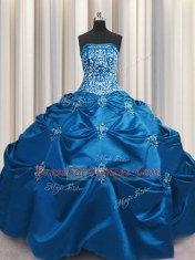 Customized Embroidery Teal Sleeveless Taffeta Lace Up Ball Gown Prom Dress for Military Ball and Sweet 16 and Quinceanera