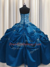 Customized Embroidery Teal Sleeveless Taffeta Lace Up Ball Gown Prom Dress for Military Ball and Sweet 16 and Quinceanera