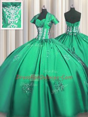 Turquoise Ball Gowns Beading and Appliques and Ruching Ball Gown Prom Dress Lace Up Taffeta Short Sleeves Floor Length