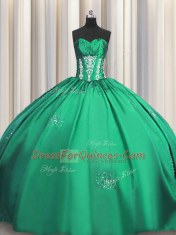 Turquoise Ball Gowns Beading and Appliques and Ruching Ball Gown Prom Dress Lace Up Taffeta Short Sleeves Floor Length