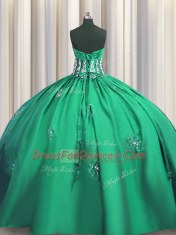 Turquoise Ball Gowns Beading and Appliques and Ruching Ball Gown Prom Dress Lace Up Taffeta Short Sleeves Floor Length