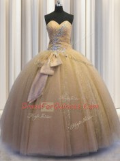 Champagne Ball Gowns Beading and Bowknot Vestidos de Quinceanera Lace Up Tulle and Sequined Sleeveless Floor Length