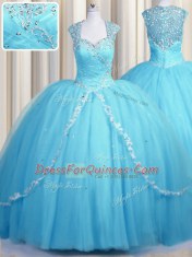 Suitable See Through Cap Sleeves Tulle With Brush Train Zipper Quinceanera Gowns in Baby Blue with Beading and Appliques