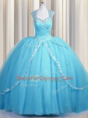 Suitable See Through Cap Sleeves Tulle With Brush Train Zipper Quinceanera Gowns in Baby Blue with Beading and Appliques