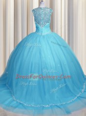 Suitable See Through Cap Sleeves Tulle With Brush Train Zipper Quinceanera Gowns in Baby Blue with Beading and Appliques