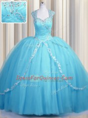 Suitable See Through Cap Sleeves Tulle With Brush Train Zipper Quinceanera Gowns in Baby Blue with Beading and Appliques