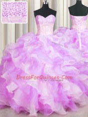 Visible Boning Two Tone Multi-color Ball Gowns Sweetheart Sleeveless Organza Floor Length Lace Up Beading and Ruffles 15 Quinceanera Dress