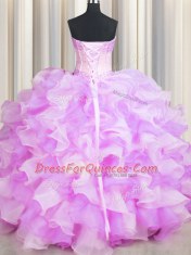 Visible Boning Two Tone Multi-color Ball Gowns Sweetheart Sleeveless Organza Floor Length Lace Up Beading and Ruffles 15 Quinceanera Dress