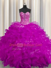 Pretty See Through Organza Sweetheart Sleeveless Lace Up Beading and Ruffles Quinceanera Gown in Fuchsia