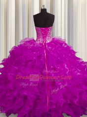 Pretty See Through Organza Sweetheart Sleeveless Lace Up Beading and Ruffles Quinceanera Gown in Fuchsia