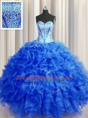 Visible Boning Beaded Bodice Sleeveless Organza Floor Length Lace Up Quinceanera Dresses in Royal Blue with Beading and Ruffles