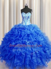 Visible Boning Beaded Bodice Sleeveless Organza Floor Length Lace Up Quinceanera Dresses in Royal Blue with Beading and Ruffles