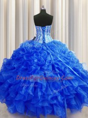 Visible Boning Beaded Bodice Sleeveless Organza Floor Length Lace Up Quinceanera Dresses in Royal Blue with Beading and Ruffles