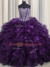 Deluxe Bling-bling Sweetheart Sleeveless Vestidos de Quinceanera With Brush Train Beading and Ruffles Purple Organza
