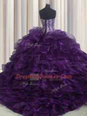Deluxe Bling-bling Sweetheart Sleeveless Vestidos de Quinceanera With Brush Train Beading and Ruffles Purple Organza