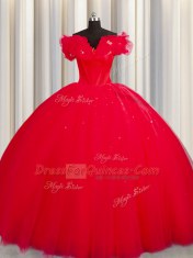 Ideal Off The Shoulder Red Short Sleeves Tulle Court Train Lace Up 15 Quinceanera Dress for Military Ball and Sweet 16 and Quinceanera