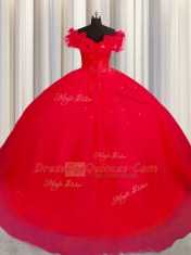 Ideal Off The Shoulder Red Short Sleeves Tulle Court Train Lace Up 15 Quinceanera Dress for Military Ball and Sweet 16 and Quinceanera