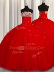 Free and Easy Puffy Skirt Strapless Sleeveless Lace Up Vestidos de Quinceanera Red Organza