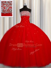 Free and Easy Puffy Skirt Strapless Sleeveless Lace Up Vestidos de Quinceanera Red Organza