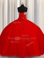 Free and Easy Puffy Skirt Strapless Sleeveless Lace Up Vestidos de Quinceanera Red Organza