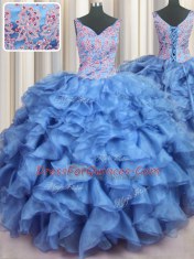 Fitting Ruffled Baby Blue V-neck Lace Up Appliques and Ruffles Quinceanera Gowns Sleeveless