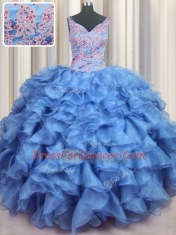 Fitting Ruffled Baby Blue V-neck Lace Up Appliques and Ruffles Quinceanera Gowns Sleeveless