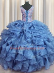 Fitting Ruffled Baby Blue V-neck Lace Up Appliques and Ruffles Quinceanera Gowns Sleeveless