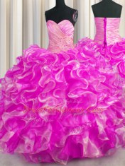 Low Price Rose Pink Sweetheart Neckline Beading and Ruffles Ball Gown Prom Dress Sleeveless Lace Up