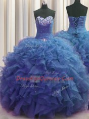 Excellent Beaded Bust Floor Length Ball Gowns Sleeveless Blue Quince Ball Gowns Lace Up