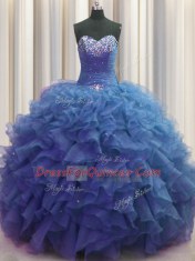 Excellent Beaded Bust Floor Length Ball Gowns Sleeveless Blue Quince Ball Gowns Lace Up