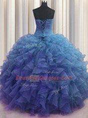Excellent Beaded Bust Floor Length Ball Gowns Sleeveless Blue Quince Ball Gowns Lace Up
